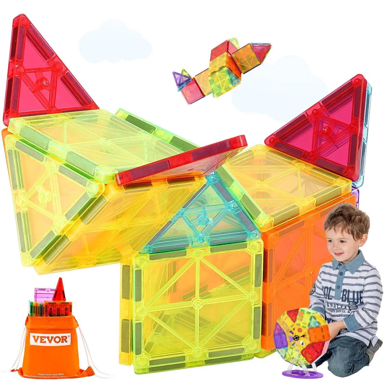 VEVOR 180-Piece ABS Plastic Magnetic 3D Magnet Blocks STEM Learning Toy, Unisex Interlocking Set with 15 Isosceles Triangles, 50 Squares, Ferris Wheel Stand for 6+ Years Kids - Boost Creativity, Enhance Problem-Solving Skills, Father's Day Gift, Geometric