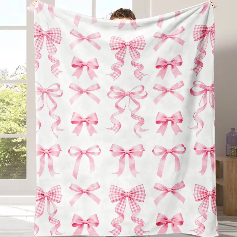 Countdown Sale! Valentine's Day Exclusive Pink Ribbon Bow Print Flannel Throw Blanket - Soft, Warm, Cozy for Couch, Bed - Versatile All-Season Valentine Gift for Couples, Ideal Textile Bedding Throw Blanket, Throw Blankets