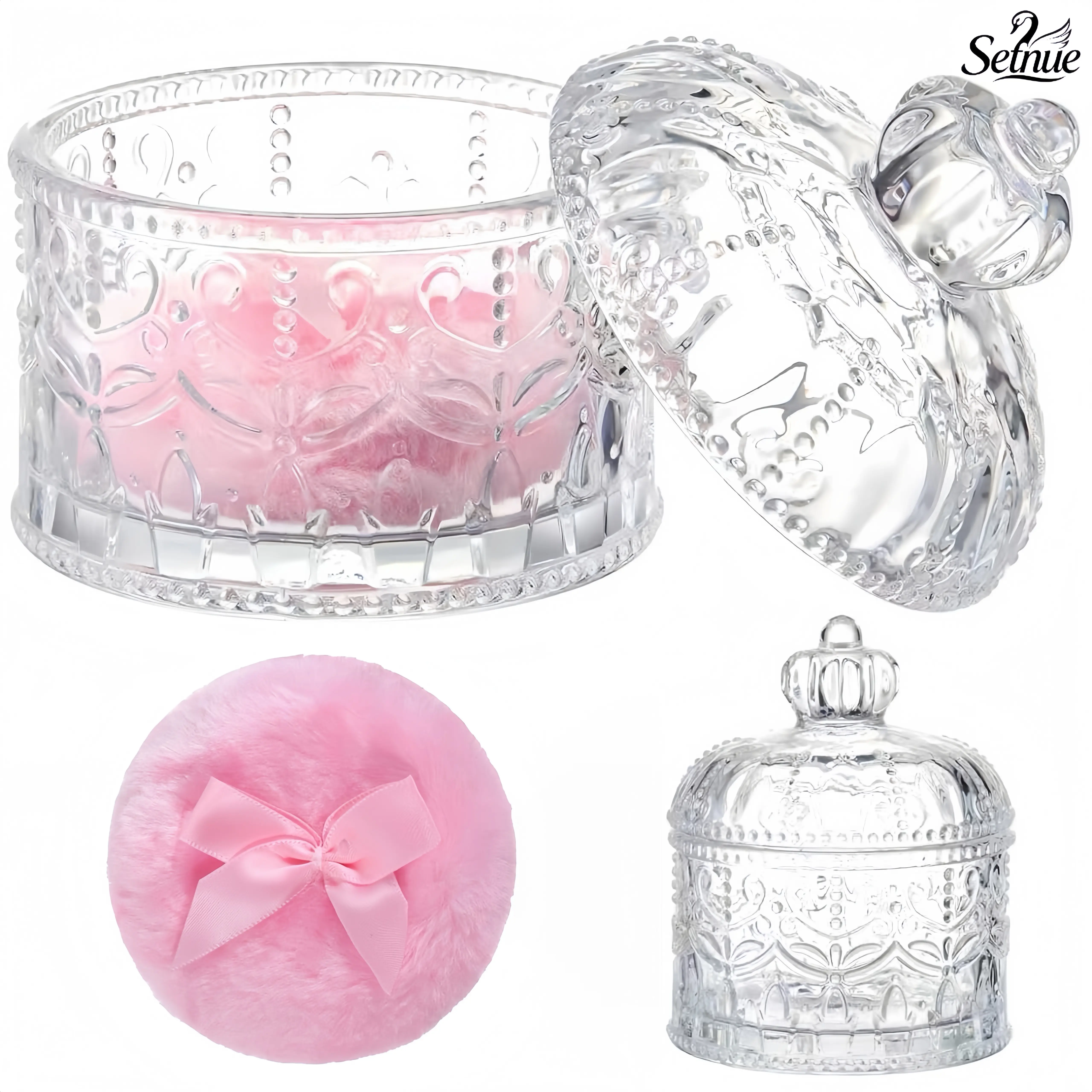 Setnue 2-Pcs Large Velour Makeup Puffs with Crystal Container, Skin-Safe Makeup Blenders & Sponges, Soft Washable Reusable for Wet/Dry Application, Cosmetics Makeup Tool