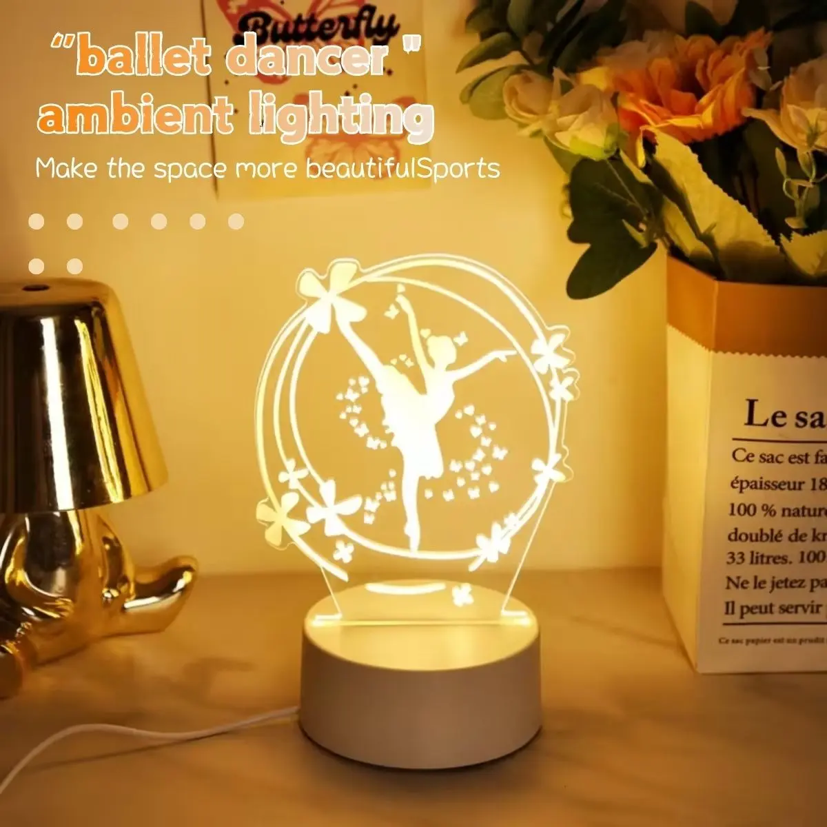 Modern Style 3D Ballerina Night Light, USB Powered Warm Desk Lamp, Bedroom Bedside Party Atmosphere Light, Mood Decorative Lights, Dance Lover Gift