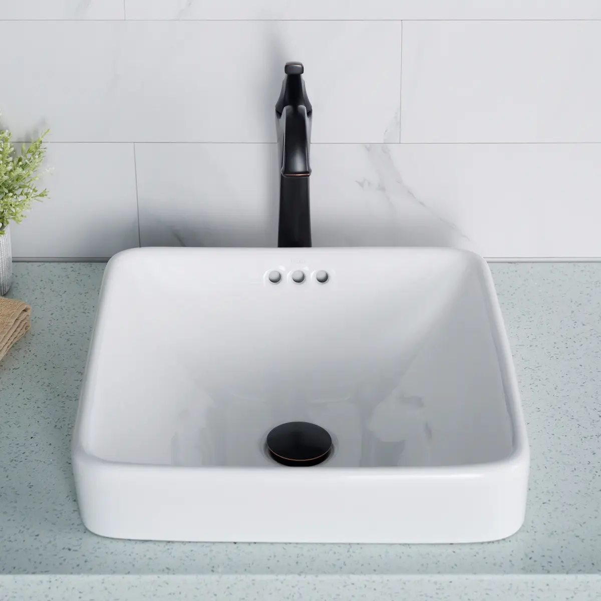 Kraus KCR-281-2PK 16.5 in. Modern White Porcelain Ceramic Semi-Recessed Square Elavo Vessel Bathroom Sink with Overflow - Pack of 2
