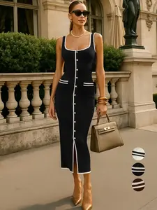 Summer New Women's Knitted Sleeveless Dress, Valentine's Day Sexy Chic Elegant, Casual Boho Style, Colorblock Waist Split Design, Comfortable Soft Fabric, Womenswear, Casual Boho Fit, Bohemian Summer Dresses