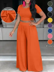 Plus Size Women's Casual Plain Short U-Neck Top + Loose Wide Leg Pants Set, 8 Colors Available, Comfortable Daily Wear