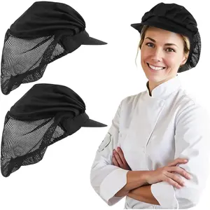 2 PCS Chef Hats, Kitchen Baker Cooking Chef Cap, Food Service Hair Nets, Kitchen Hair Nets, Hair Net for Cooking, Chef Works Hats for Women Men with Brim Black