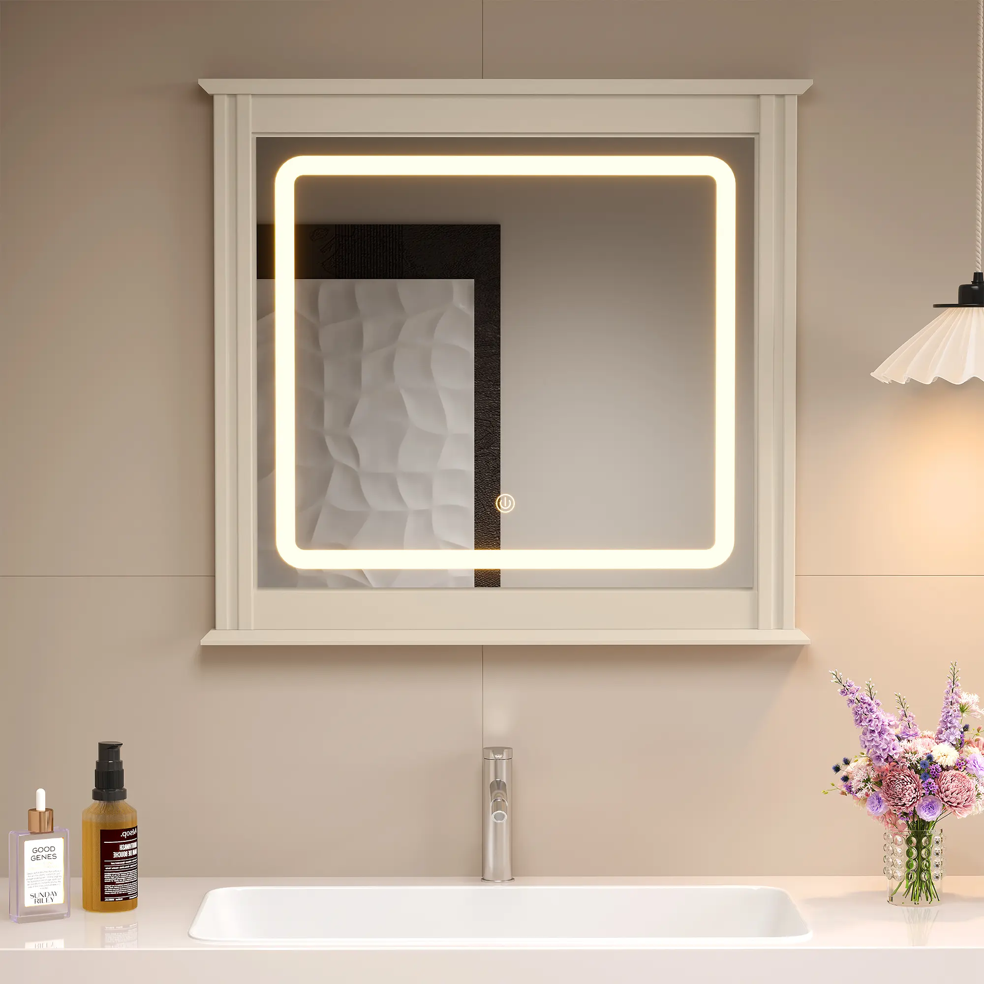 RoyalCraft L Vanity Mirror with Lights - Minimalist MDF Board Decor, Smart LED Touch Control, 3 Color Modes, 10 Brightness Levels, Memory Function, Vertical Stripe Design for Bathroom, Bedroom Beauty Products & Room Decor, Led Illumination