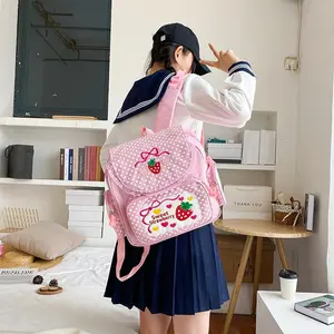 Kawaii Pink Embroidered Strawberry Backpack Cute Sweet Fruit Bow Letter Heart Embroidered Student Backpack Japanese Style Soft Girl JK Zipper Shoulder Lace Backpack Girl