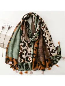New retro-style thick green leopard print scarf with tassels, a warm and stylish shawl accessory, Boho Style Scarf