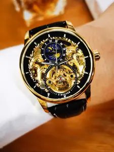 1pc Classic Retro Skeleton Automatic Mechanical Watch for Men Luminous Hands Tourbillon Design Top Brand Leather Strap Fashion Business Luxury Mens Watches Luminous Analog Watch Gifts With Box Luminous Fashionable Watch Mechanical Style Watches