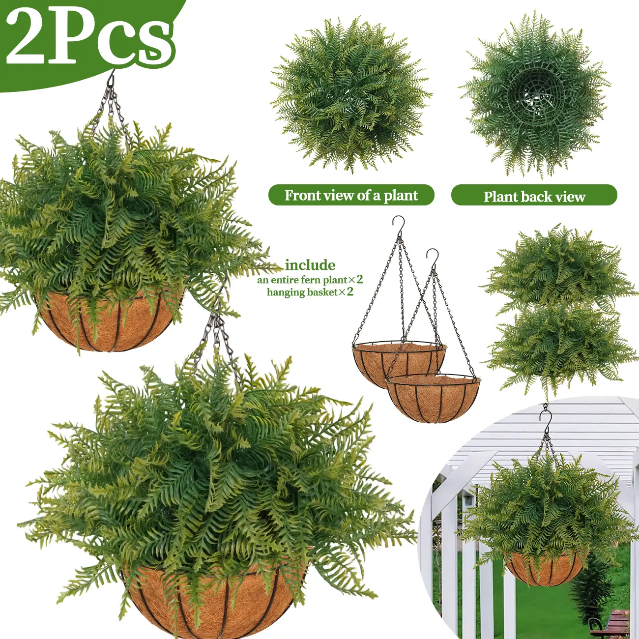 2PCS Decorative Fern Hanging Baskets - No Assembly Required, Ready-to-Use Balcony Artificial Plants, UV-Resistant, Rainproof Outdoor Decor for Porch Patio