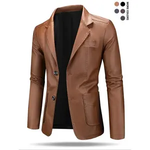 Men's Solid Color PU Leather Jacket, Slim Business Formal Blazer for Work Office, Fashion Men's Clothing for Spring & Fall