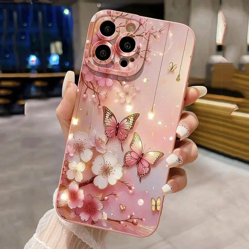 Butterflies & Flowers Design TPU Matte Cellphone Case, Shockproof Protective Accessory for iPhone 7,8 Plus,SE2,X,XR,XS,11,12,13,14,14 Plus,15,16 Pro Max,16E Mini - Mobile Phone Accessory, Accessories