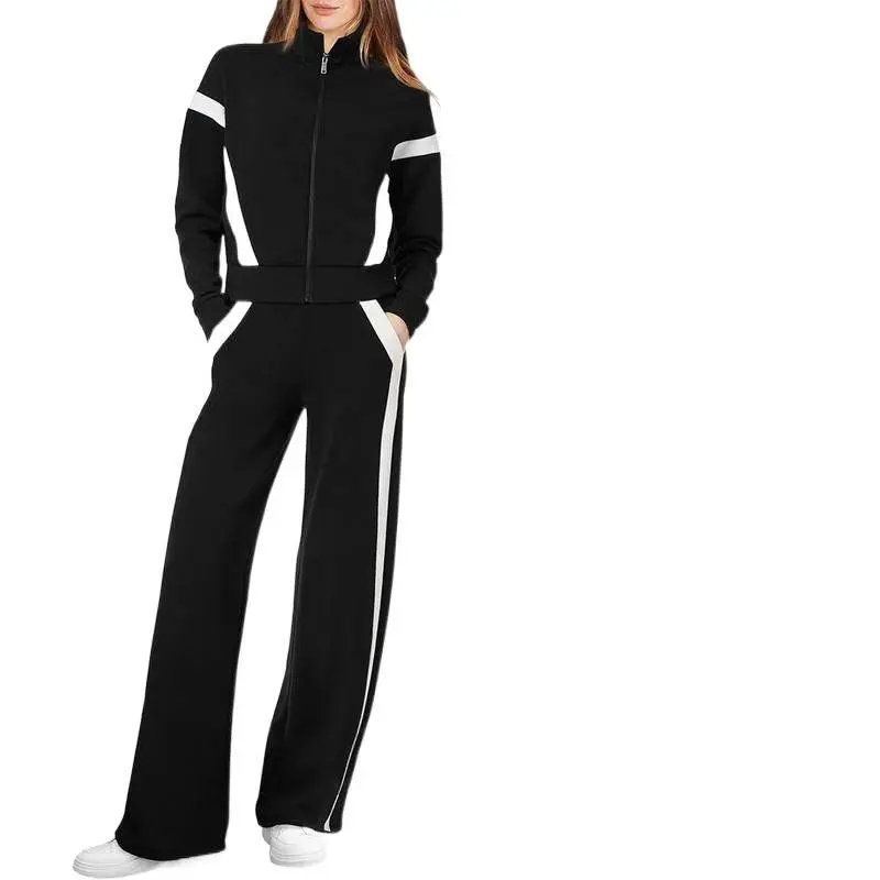 Women's 2-Piece Athletic Activewear Tracksuits - Memory Stretch Full-Zip Bomber Jacket, Wide Leg Sweatpants with Pockets for Casual Workout Loungewear, Athletic Sports Clothing, Loose Fit Sweatpants, Stretch Fabric, Pocketed, Basic, Wide-Leg Pants Skim Ea
