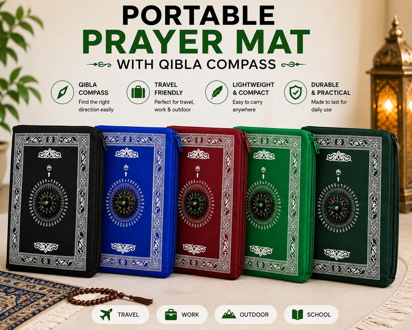 Portable Muslim Prayer Mat with Built-In Qibla Compass | Travel Prayer Rug for Daily Salah