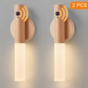 2 Pieces Modern Beech LED Wall Sconce with Motion Sensor-Rechargeable, Magnetic Night Light, Suitable for Bedroom, Stairs and Corridor Decoration
