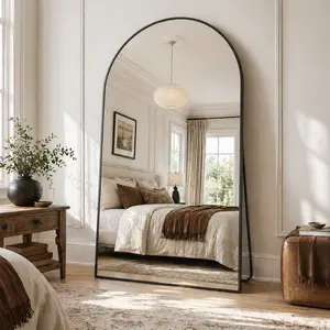 Antok 81"x41" Arched Full Length Mirror with Stand Floor Free Standing Aluminum Frame for Bedroom Body Hanging Leaning Modern Simple Home Decor Shatter-proorf Nano Glass Wall, Gold/black-Rounded