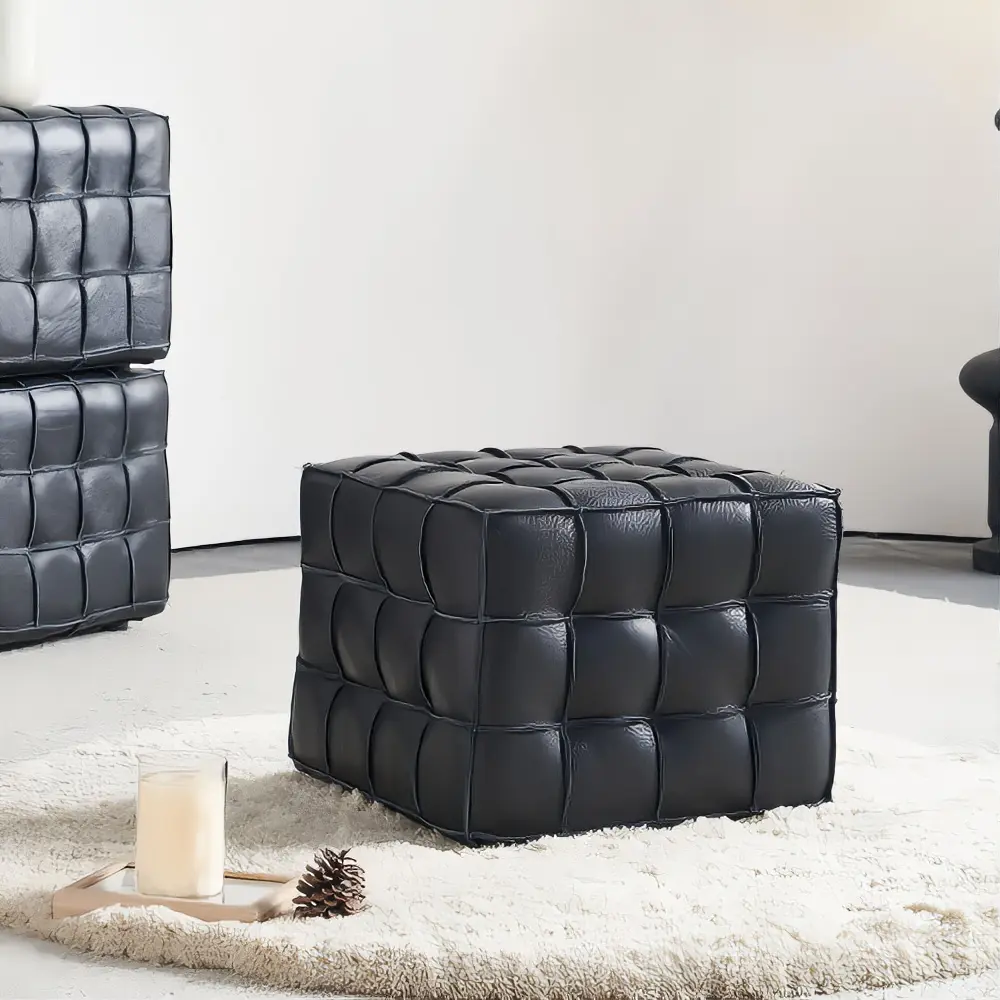 Modern Black Leather Ottoman with Quilted Design for Living Room Comfort and Style