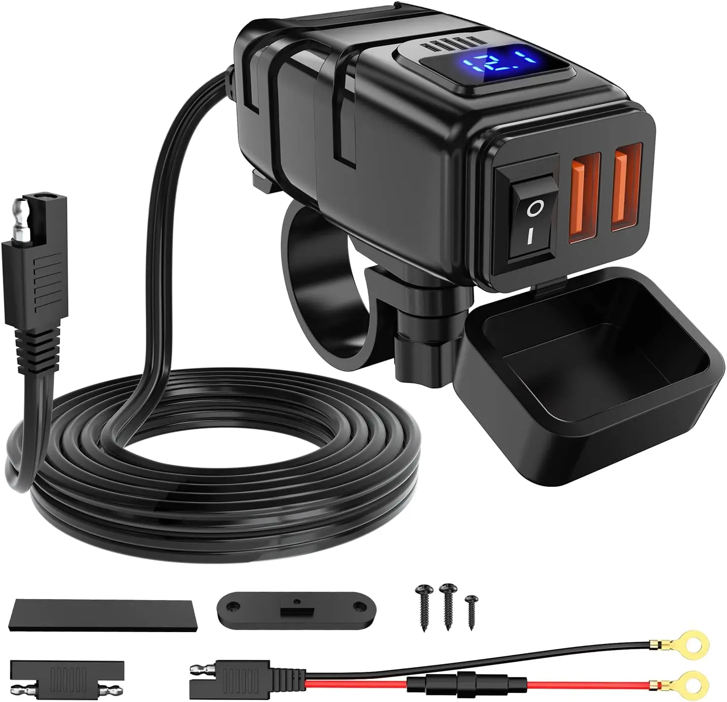 Nilight 12V Vehicle USB Type A Charger - 6.8A Dual QC3.0 Fast Charging Ports, 10A Inline Fuse, SAE Adapter, Independent On-Off Switch, Voltmeter, Waterproof, 7/8in Handlebar Mountable for Cars, Motorcycle, ATV