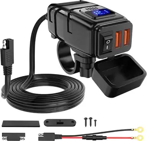 Nilight Motorcycle Charger with 12V Voltmeter Independent On Off Switch SAE USB Adapter Inline 10A Fuse Waterproof 6.8A Dual QC3.0 Fast Charging Phone Tablet for 7/8inch Handlebar ATV Port Device Installation hand gestures Led Mount Motorbike