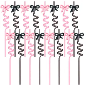 16 Piece Set Pink and Black Bow Party Straws, Reusable Bow Birthday Party Supplies, Pet Material, Utensils