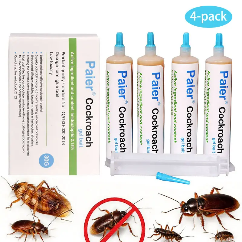 Indoor cockroach killer, 4-pack, 30g per tube, 1 dropper, 2 nozzles, German cockroach control, suitable for both indoor and outdoor use, cockroach gel, applicable to American cockroaches, German cockroaches, and other cockroach species.