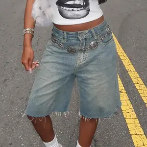 Y2K Street Vintage Slant Pocket Distressed Ripped Raw Hem Wide Leg Bermuda Denim Shorts Knee Length Jeans Comfy Jorts Cropped Pants For Music Festival Blue Casual