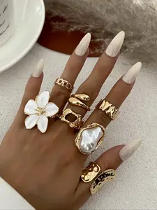 Women's Floral Design Rhinestone Ring Set, Elegant Pearl Jewelry Series, Daily Wear Accessories, Party Gift Ideas, Stackable Rings, Stackable Finger Rings