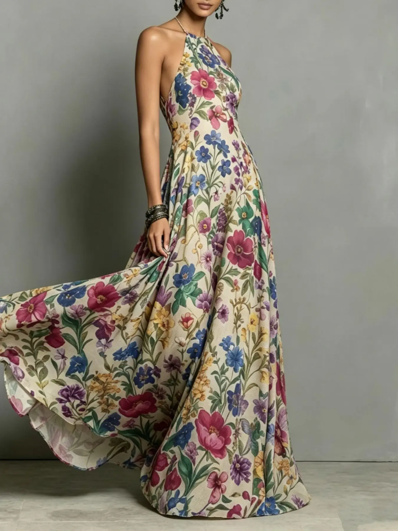 2026 Summer New Plant Boho Printed Floral Print Halter Sleeveless Dress, Off-Shoulder Slimming Fit A-Line Flowy Long Dress, Chic Bohemian Fashionable Women's Clothing