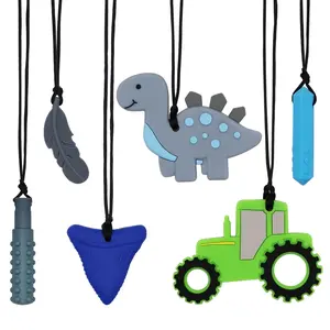 FNE14 Chew Necklaces for Sensory Kids and Adults, 6 Pcs Chewy Necklace Teether for Boys and Girl to Chewing Biting and Teething, Silicone Chewable Fidget Necklaces for Autistic Toddlers Children Teens and Adults