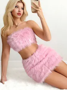 Sweetina Y2K Women's Cropped Fuzzy Tube Top And Low-Waisted Fuzzy Mini Skirt Set