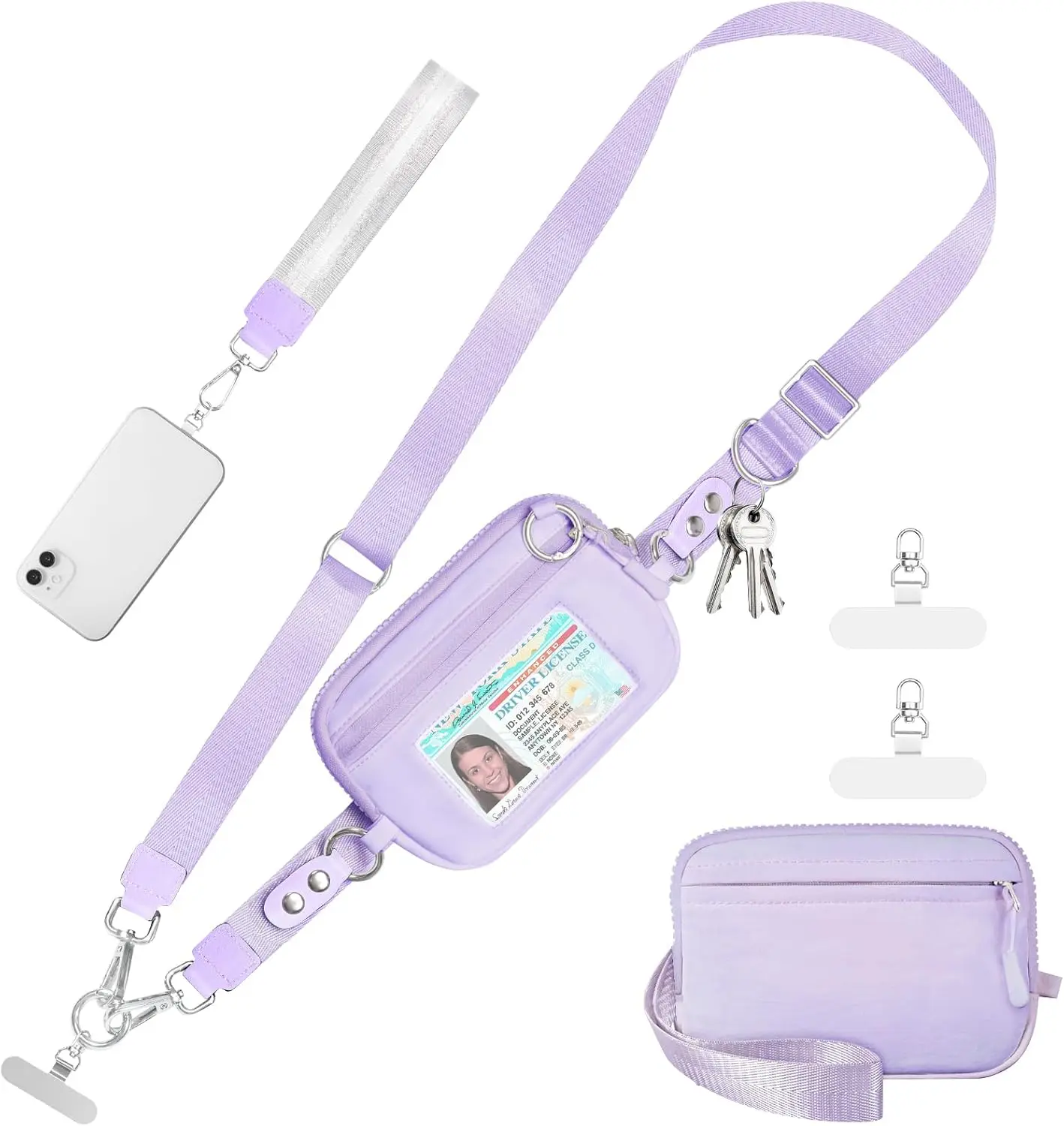Adjustable Detachable Clip-and-Go Phone Strap with Transparent ID Window, Zipper Card Holder, RFID Alloy-Metal Wristlet Wallet & Crossbody Phone Accessory, Purple, Accessories