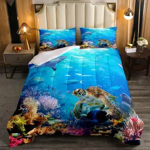 Feelyou Ocean Animal Bedding Set - Breathable Microfiber Decorative Duvet Set with Sea Turtle, Shark, Tortoise, Fish & Rainbow Coral Designs, Home Textile Comforter Insert, Breathable Duvet Set, Decorative Bedding Set