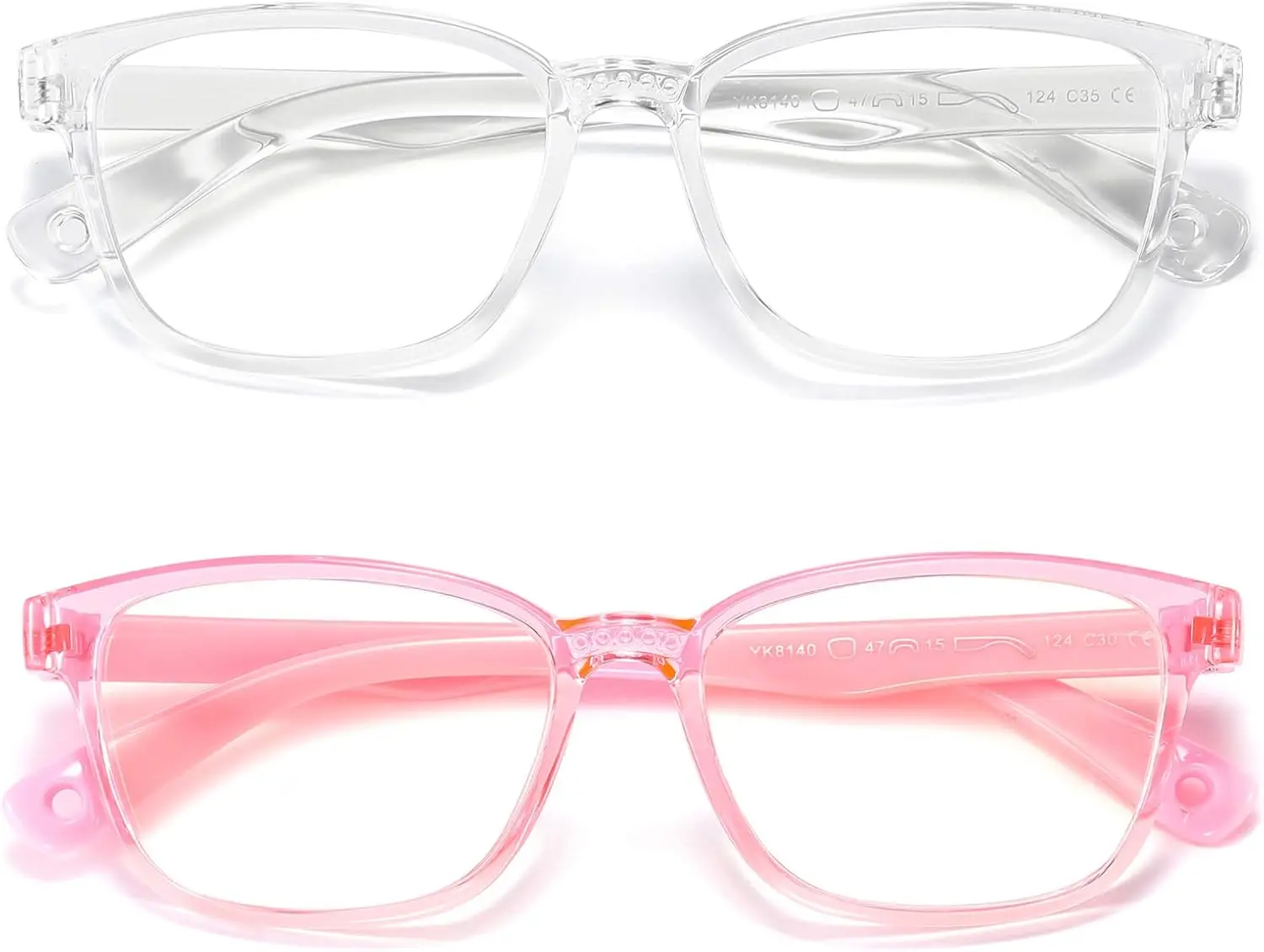 Kids Blue Light Blocking Glasses 2-Pack with UV Protection, Child-Friendly Plastic Frames, Anti-Eyestrain Eyewear for Boys & Girls Age 3-9 (Clear + Transparent Pink)