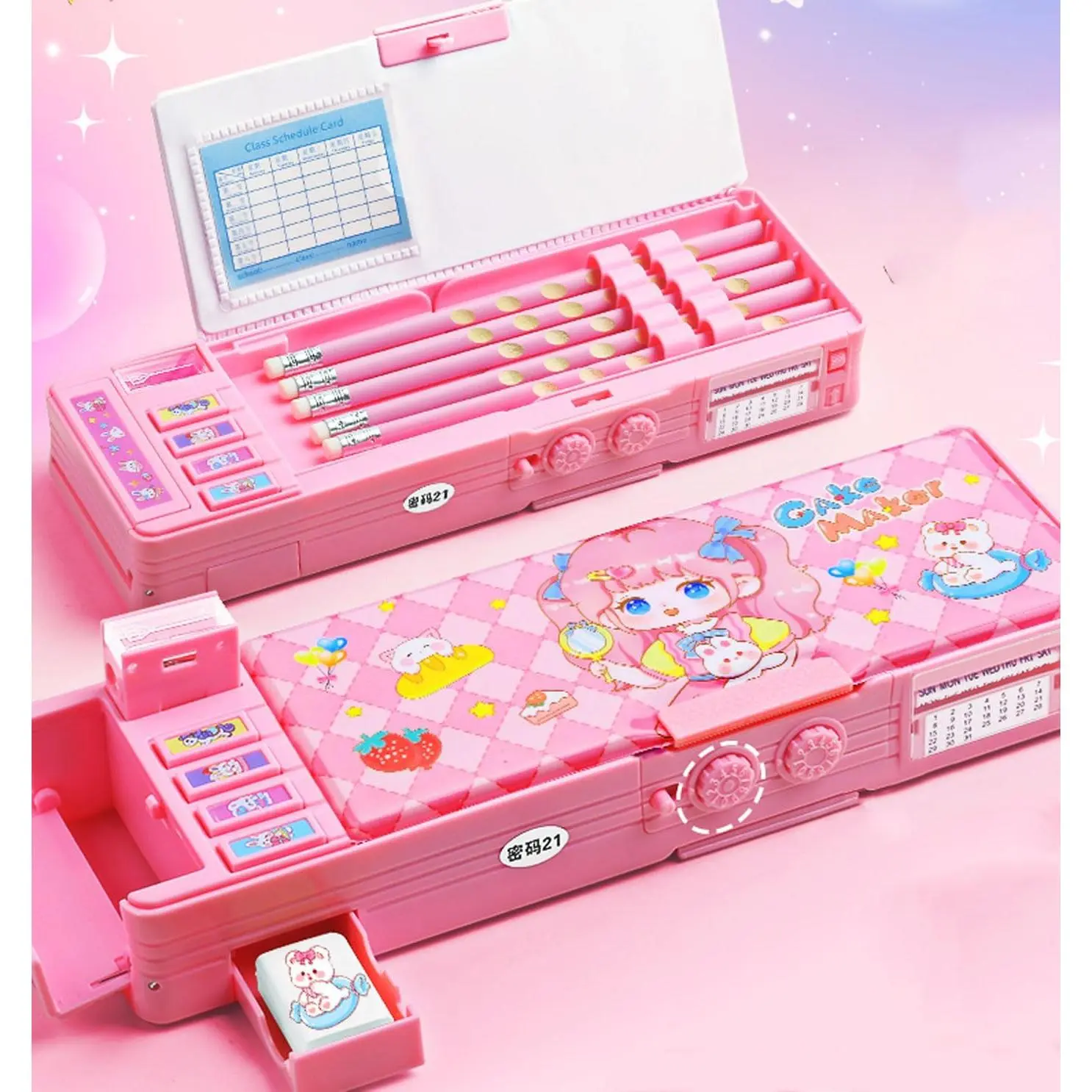 Cute Kawaii Pop Up Multifunction Pencil Case for Girls & Boys with Sharpener Password Lock Schedule Whiteboard Pink3 Stationery Box