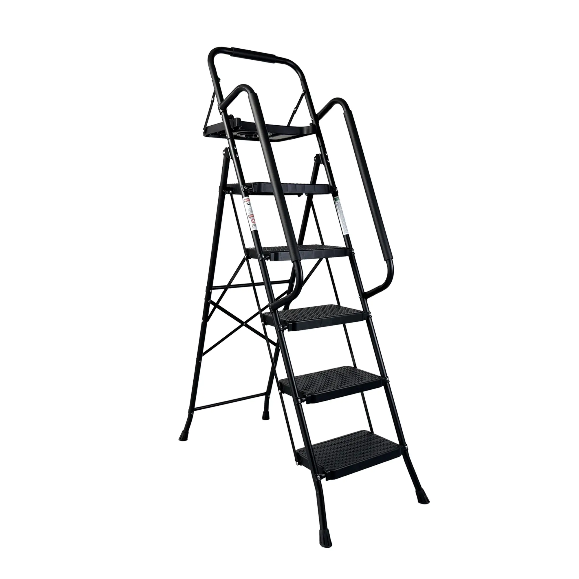 5 Step Ladder with Handrails Folding Step Stool with Tool Plateform, 500 lb Capacity Step Stools for Adults Portable Ladder for Home Kitchen Steel Frame with Non-Slip Wide Pedal, Black