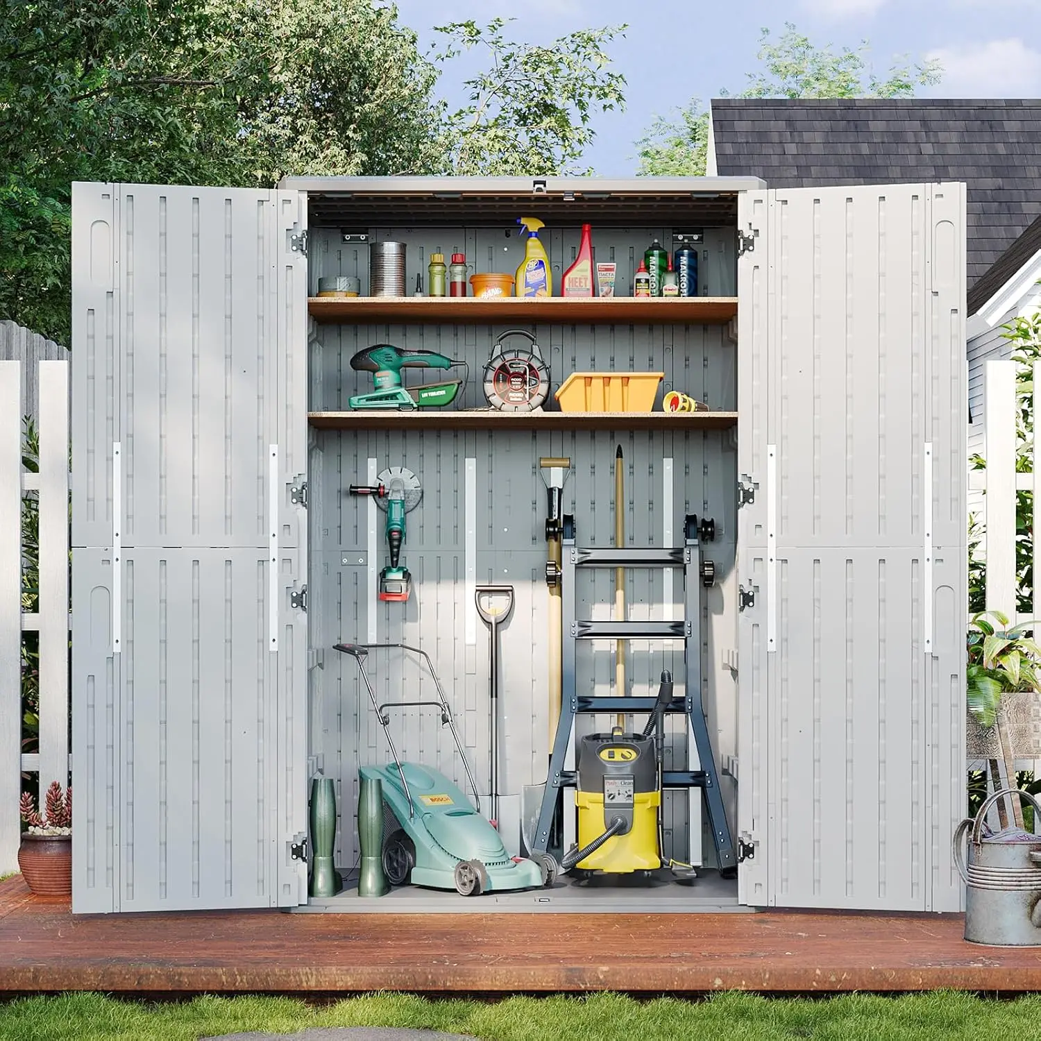 Aoxun Outdoor Storage Shed with Shelving Kit and Floor, Waterproof Horizontal Resin Cabinet for Trash Cans, Lawn Mowers, Generators, and Garden Tools