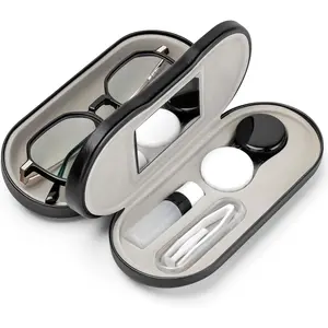 Double Sided Portable Eyeglasses Case 2 in 1 Contact Lens & Glasses Case with Built-in Mirror Tweezer Remover Solution Bottle Storage Kit for Travel Daily Use