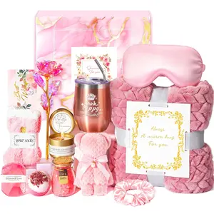 Mother Day Gift  Basket for Women Mom Her Sister Grandma, Birthday Gift Get Well Self Care Gift For Friend, Relax Spa Set-Luxury Flannel Blanket Rose Flower, Wife Easter Gift  Mothers Day Jeowoqao