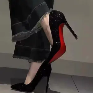 Women’s black and red high heels — pointed stiletto pumps with sequin crystals for wedding footwear; elegant stilettos for girls