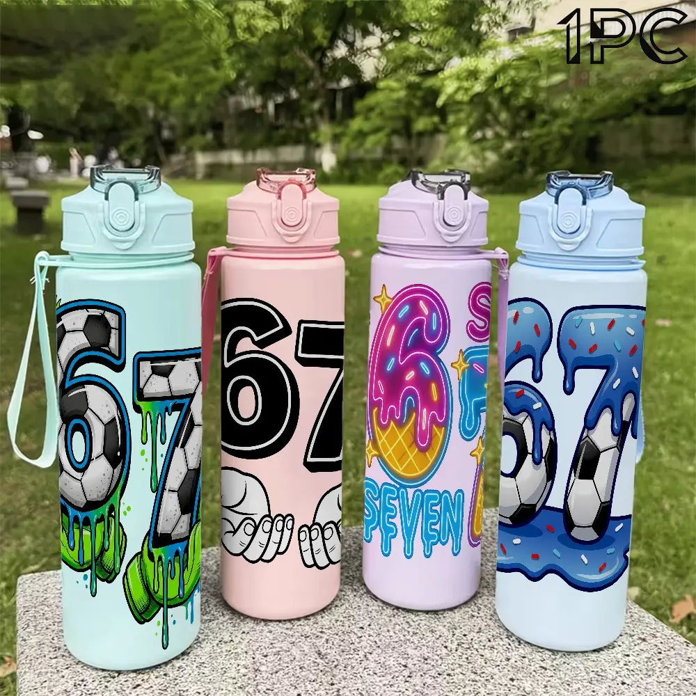 1pc 67 Design Plastic Water Bottle, Blue,Green,Purple, Leakproof Water Bottles, Plastic Sports Bottle, Leakproof Reusable Bottle, Flip Top, 25oz 750ml Lightweight Portable Leak Proof Drinking Travel Drinks Bottle Running, Drinkware Ideal Gift for Birthday