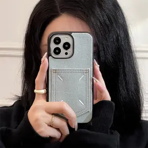 (Case & Nova) Denim Pocket Card Holder Smartphone Case, Embroidered Hard Shell Protective Cover for iPhone 17 Pro Max, 16, 15, 14, 13 – Cellphone Accessories for Handheld Devices
