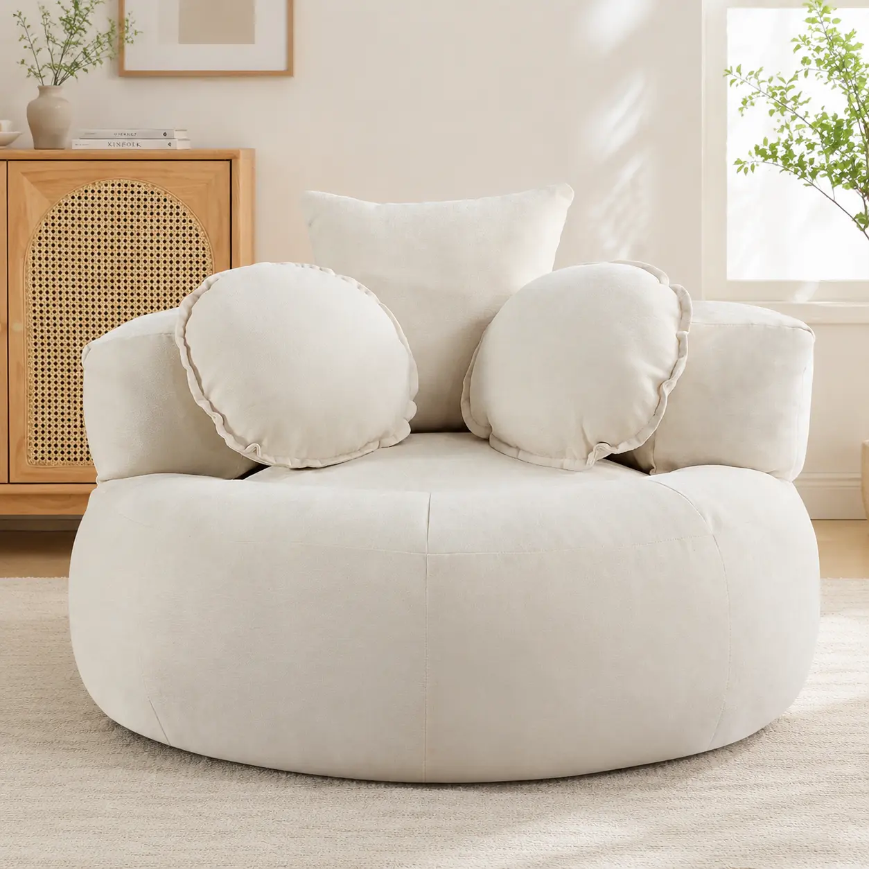Round Oversized Chair Floor Sofa Chair, Chenille Compressed Circle Chaise Lounge, No Assembly Boneless Barrel Chair, Lazy Bean Bag Couch Accent Chair for Living Room, Bedroom, Dorm