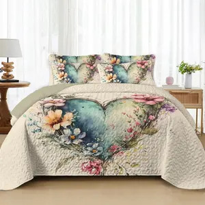 Eternal Night Heart River Lightweight Quilted Thin Quilt, Romantic Heart-Shaped Floral Bedspread. Watercolor Heart Printed Bedding Set. King/Queen/Full sizes include 2 decorative pillow shams; Twin size includes 1 decorative pillow sham. Soft and comforta
