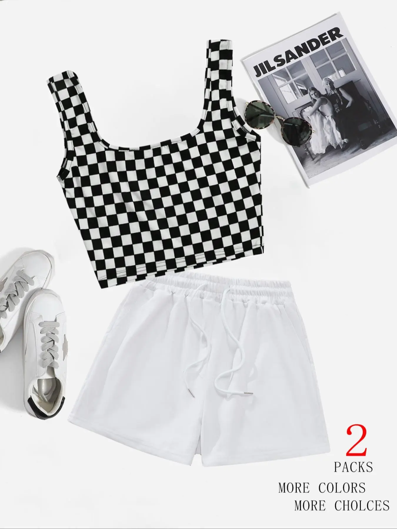 Women's Checkerboard Print Crop Sleeveless Tank Top & Shorts Two-piece Set, Casual Cozy for Daily Outdoor Wear, Ladies Summer Clothes, Cozy Checkered Lounge Set, Clothing Set