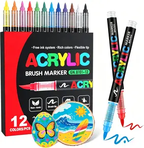 Acrylic Paint Pens Brush Tip, 12 Colors Waterproof Quick Dry Paint Markers for Rock Painting, Canvas, Glass, Plastic, Fabric, Pumpkin DIY Crafts