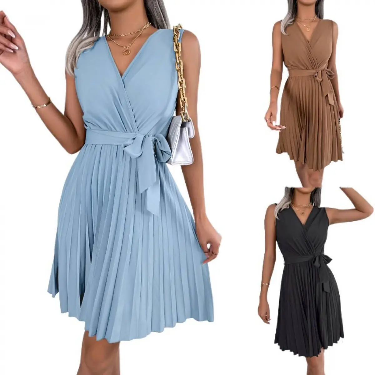 Women's Elegant Buttery-Soft Jersey Wrap Dress, Solid Sleeveless V-Neck Midi with Self-Tie Belt for Gallery Openings, Machine Washable, Plus Size, Hidden Seams, Belted, Casual, Deep V-Neck, Basic, Plain, Normal Type