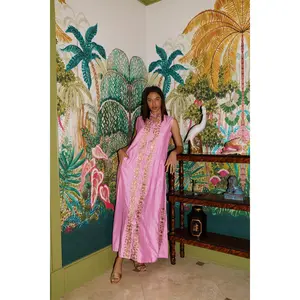 Sleeveless Marrakech Kaftan | Bubble/Gold Hand-Loom Silk SUE SARTOR Marigold Embroidery