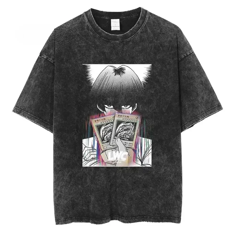 Menswear Round Neck Short-Sleeve Casual T-Shirt - Yu-Gi-Oh Seto Kaiba Blue-Eyes White Dragon Vintage Anime Graphic, Acid Wash Streetwear, Black & White Manga Panel, Heavyweight Cotton Harajuku Unisex Apparel