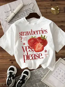 Women's Strawberry Print Round Neck Tee, Fashion Casual Crew Neck T-Shirt for Daily Holiday Vacation Outdoor Wear, Ladies Clothes for Summer, Top