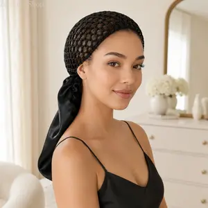 Detachable Satin Hair Wrap and Net Duo - Adjustable Hair Bonnet Wrap Cap for Haircare, Heatless Silk Press Curls, Frizz Control, Handmade Netting, Reversible Satin Sateen Band, Ideal Mother’s Day Gift for Mom