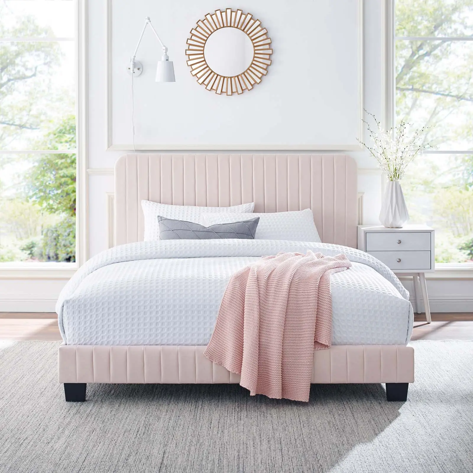 Modway Celine Contemporary Upholstered Sturdy Platform Bed - Channel Tufted Performance Velvet, Modern Pink Velvet Tufting Bed Frame (Twin Size), Contemporary Upholstered Bed